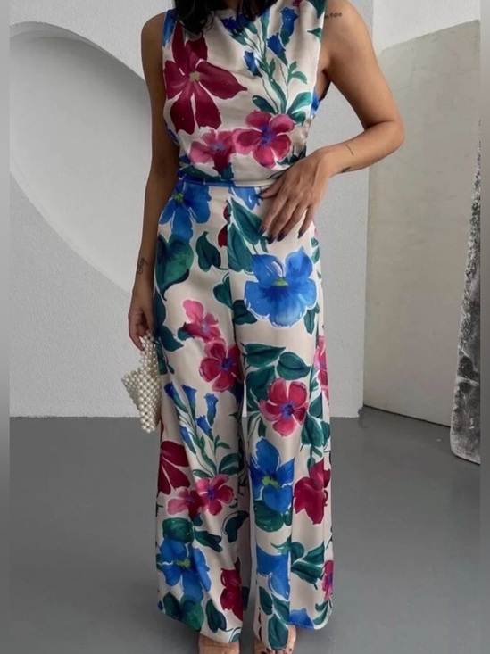 Zara Pants - NWT Zara Cream Wide-Leg Jumpsuit with Blue, Pink & Green Floral Print